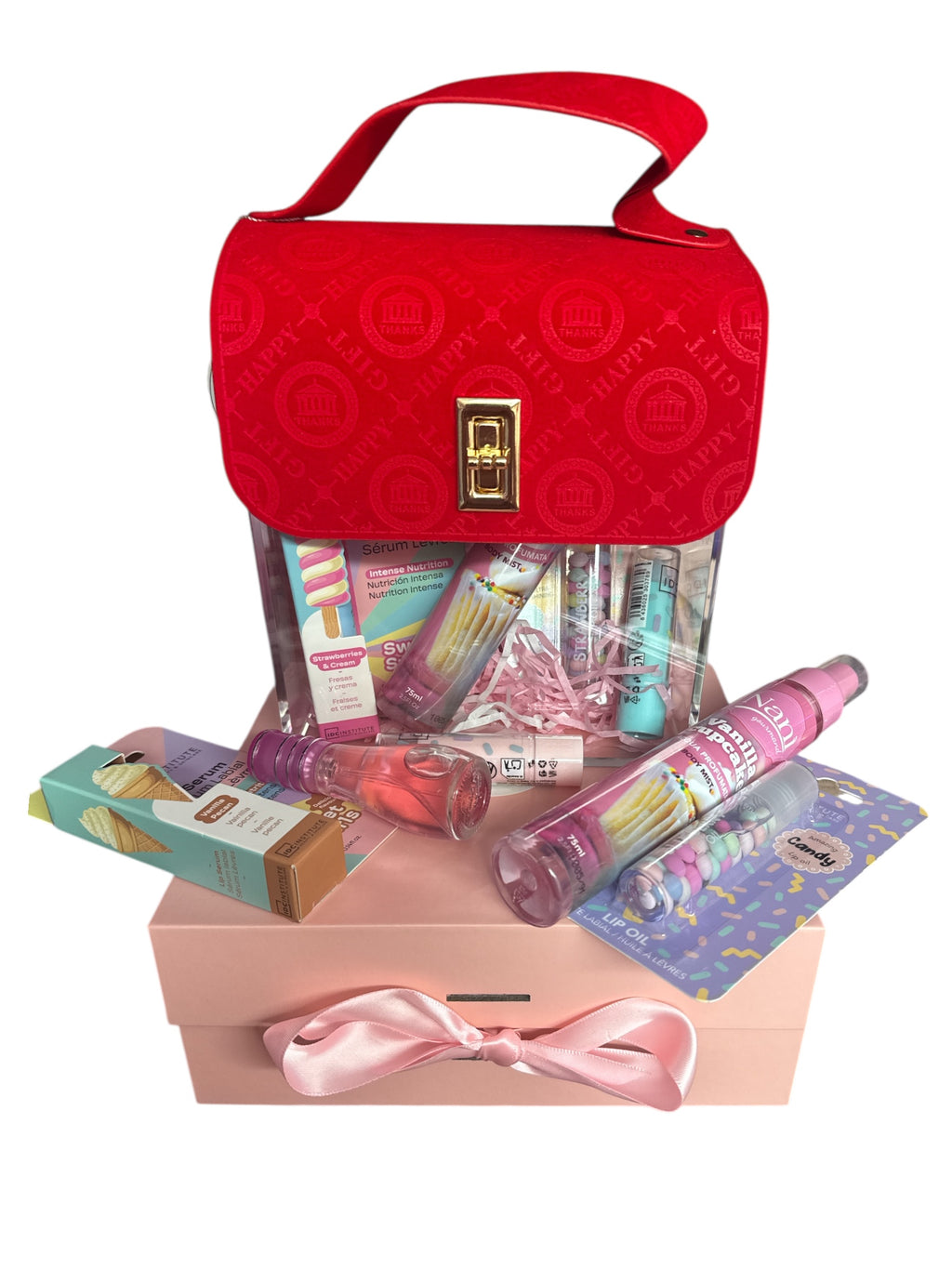 Borsa porta oggetti con 5 prodotti all interno tra acqua profumata Lip oil balsamo labbra siero labbra e profumo di 15 ml in omaggio