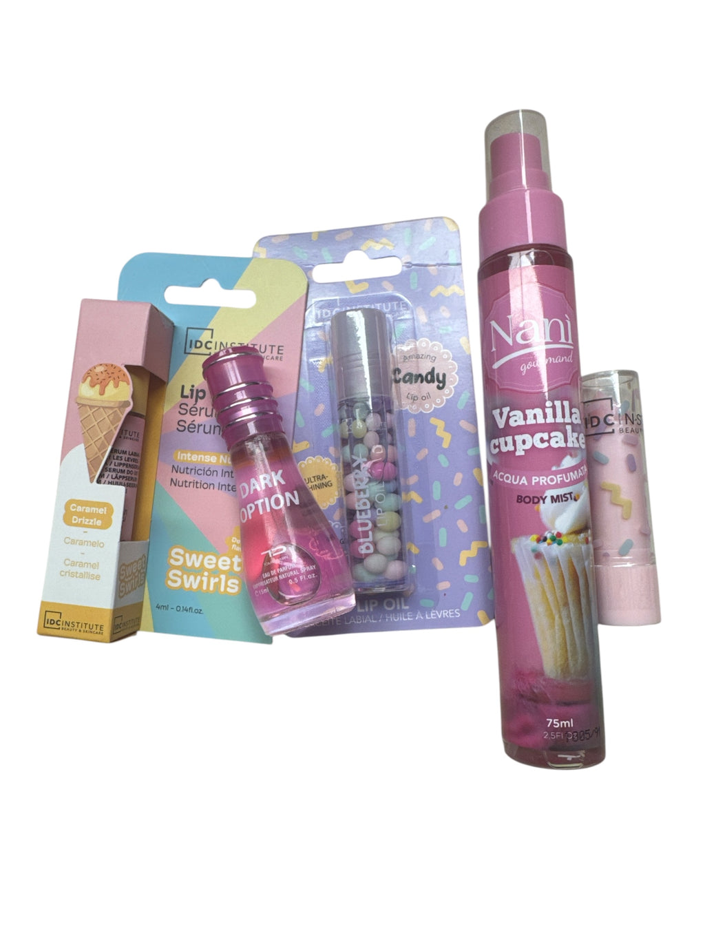 Borsa porta oggetti con 5 prodotti all interno tra acqua profumata Lip oil balsamo labbra siero labbra e profumo di 15 ml in omaggio