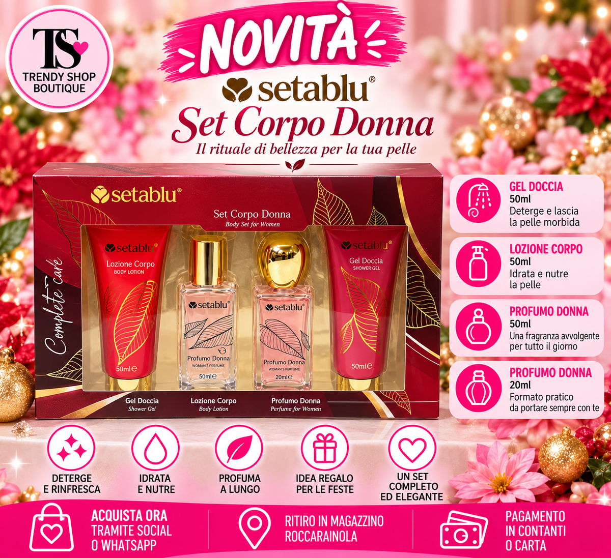 Setablu Set Corpo Donna – Cofanetto Regalo 4 Pezzi con Profumo Donna 50 ml e 20 ml, Gel Doccia e Lozione Corpo