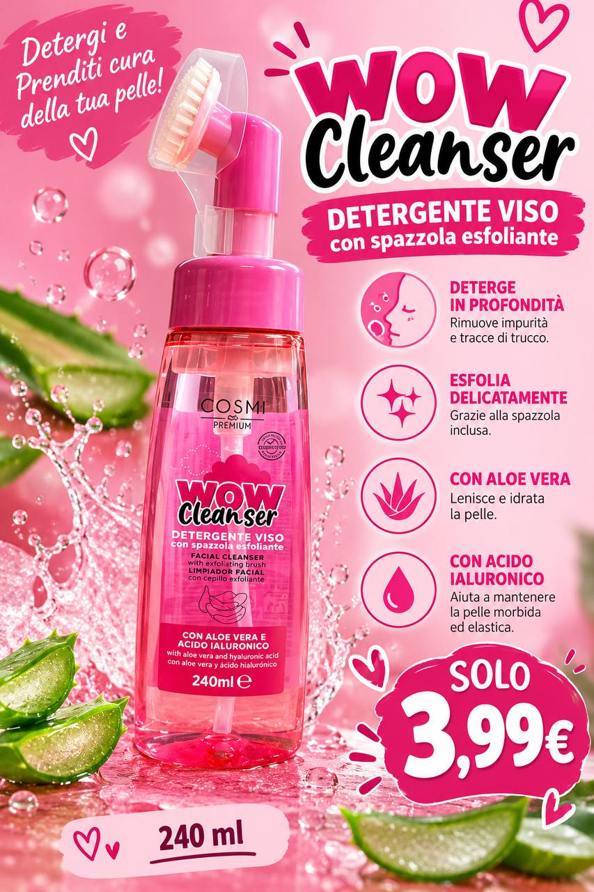 Cosmi WOW Cleanser detergente viso da 240 ml con spazzola esfoliante integrata, aloe vera e acido ialuronico