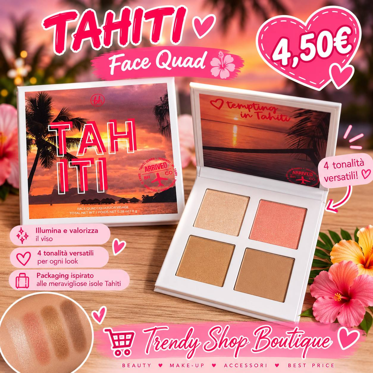 BH Cosmetics Travel Series Tahiti Face Quad, palette viso aperta con quattro tonalità e packaging tropicale