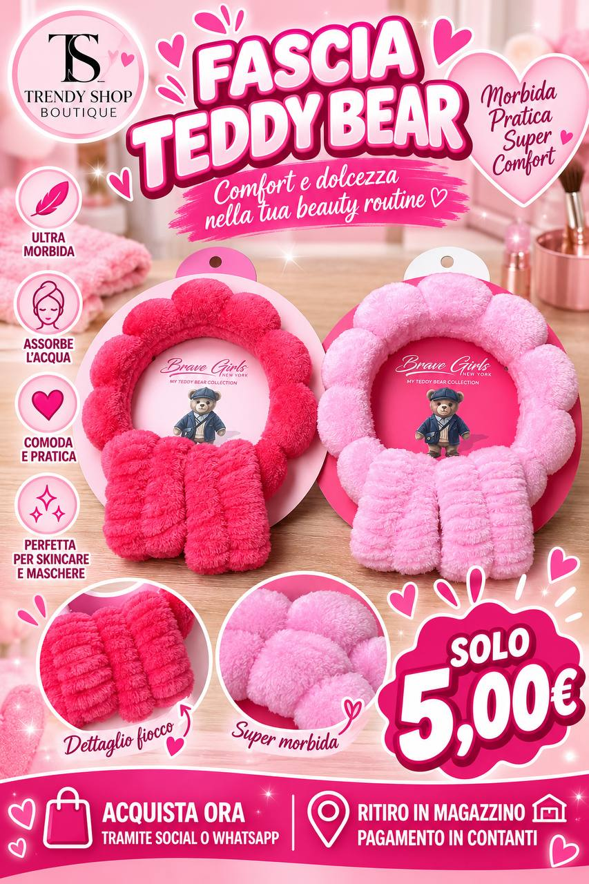 Fascia Beauty Teddy Bear Brave Girls con fiocco nei colori fucsia e rosa chiaro