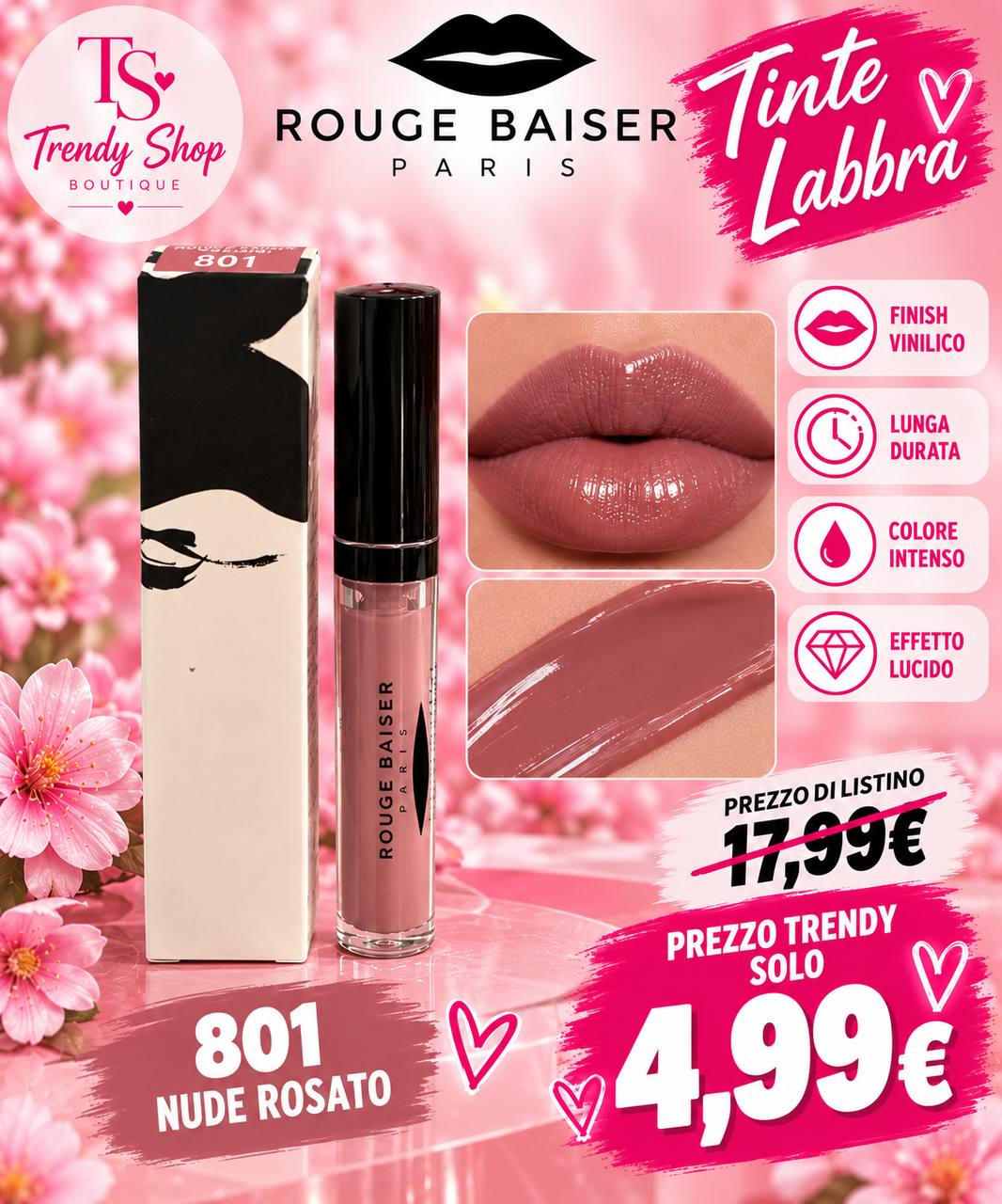 Tinta labbra Rouge Baiser Paris colorazione 801 Nude Rosato, effetto vinilico luminoso