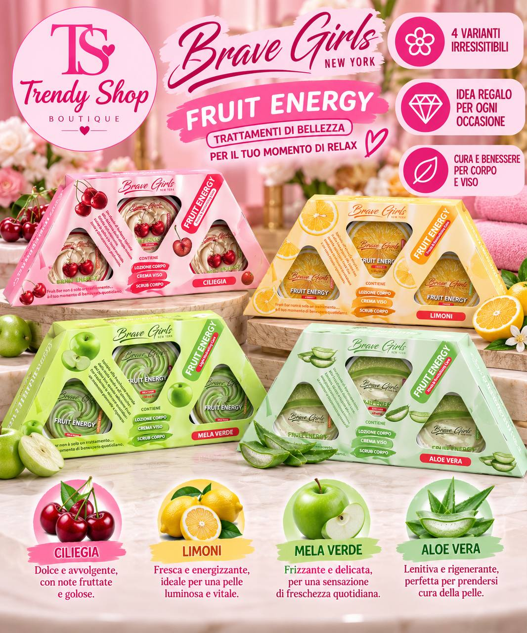 Brave Girls Fruit Energy nelle versioni Ciliegia, Limone, Mela Verde e Aloe Vera