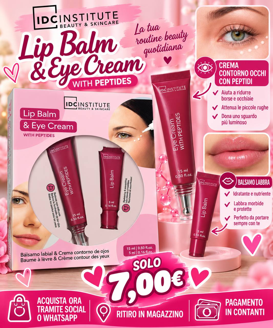 Cofanetto IDC Institute con balsamo labbra da 5 ml e crema contorno occhi con peptidi da 15 ml, a 7 euro.
