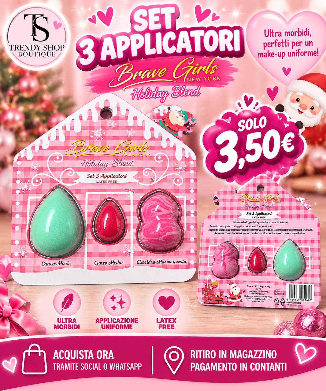 Set 3 applicatori make-up Brave Girls Holiday Blend: cuneo maxi, cuneo medio e clessidra marmorizzata, latex free