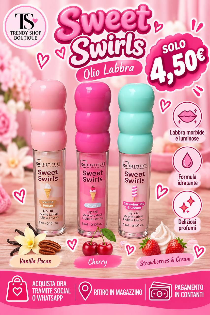 Sweet Swirls Lip Oil da 5 ml nelle profumazioni Vanilla Pecan, Cherry e Strawberries & Cream, a 4,50 euro al pezzo.