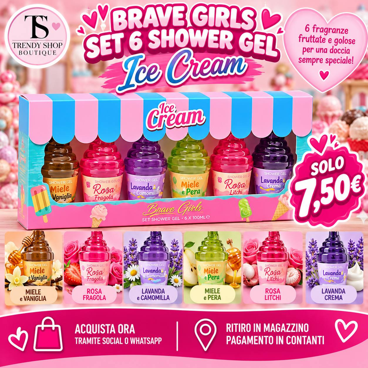 Cofanetto Brave Girls Ice Cream con 6 bagnodoccia da 100 ml: Miele e Vaniglia, Rosa Fragola, Lavanda e Camomilla, Miele e Pera, Rosa Litchi, Lavanda Crema