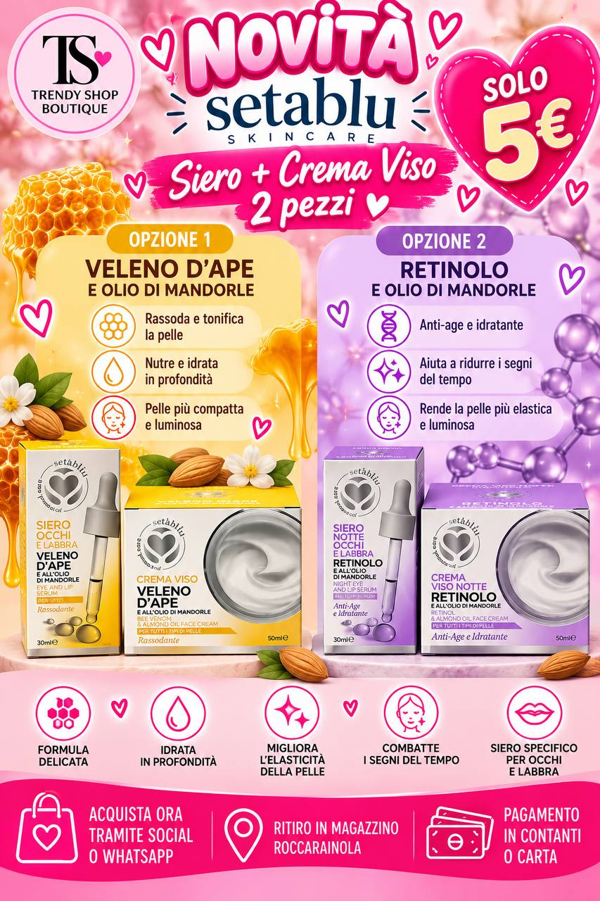 Offerta Setablu: siero occhi e labbra e crema viso, set da 2 prodotti a 5 euro, veleno d’ape o retinolo.