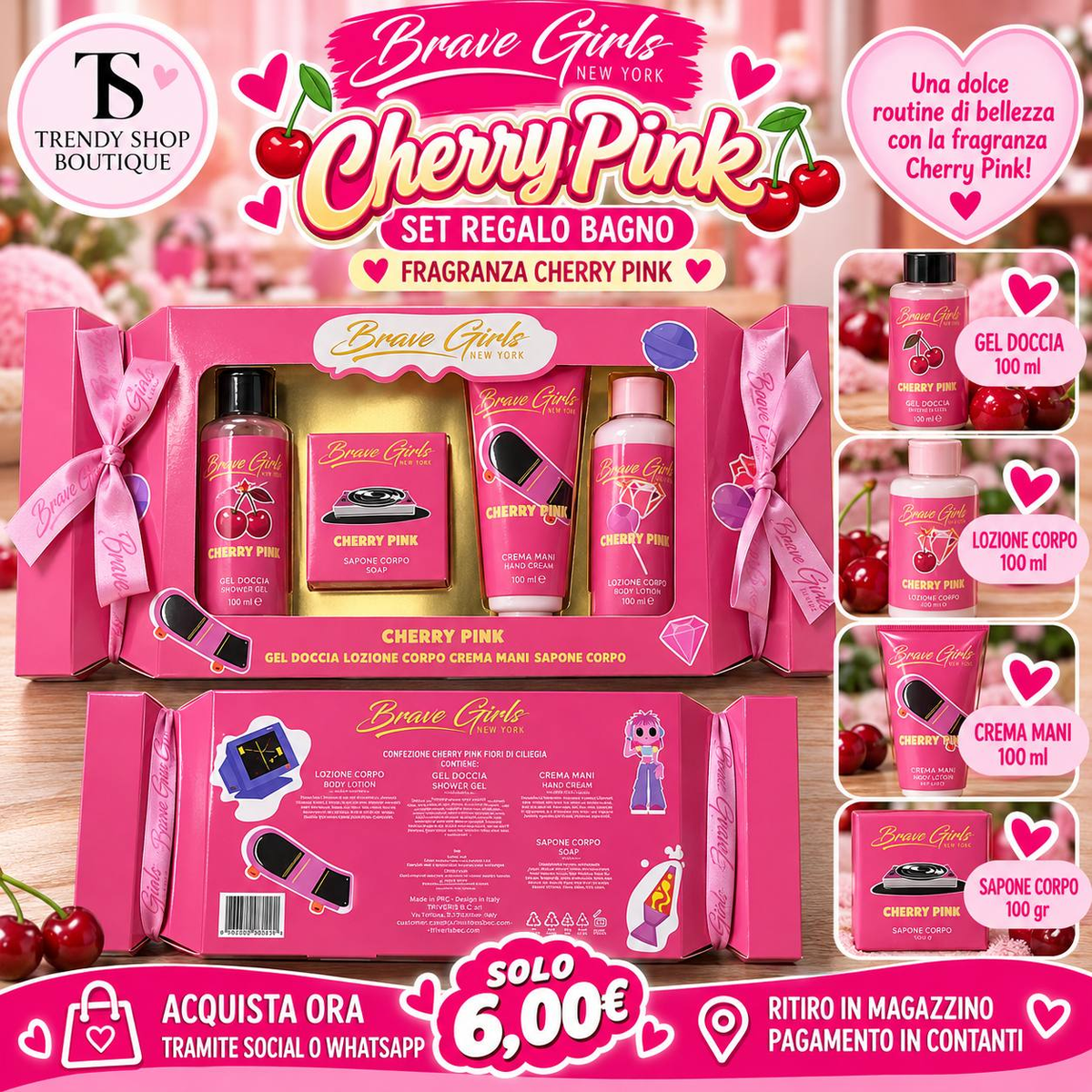 Set regalo Cherry Pink Brave Girls con gel doccia, lozione corpo e crema mani da 100 ml e sapone da 100 g, a 6 euro.