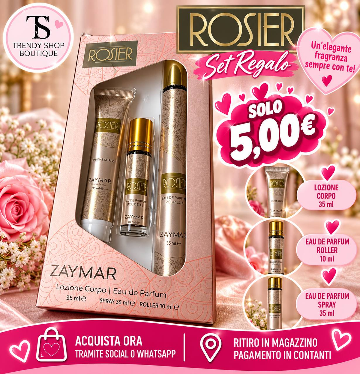 Cofanetto Rosier Zaymar donna con lozione corpo 35 ml, Eau de Parfum spray 35 ml e profumo roll-on 10 ml, a 5 euro.