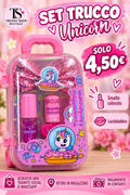 Set Trucco Unicorn con valigetta glitterata rosa, smalto da 6 ml e lucidalabbra a 4,50 euro.