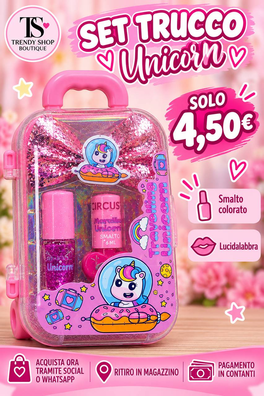 Set Trucco Unicorn con valigetta glitterata rosa, smalto da 6 ml e lucidalabbra a 4,50 euro.