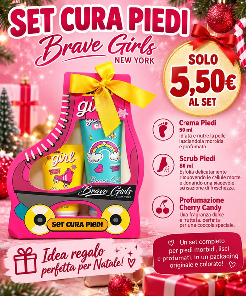 Set cura piedi Brave Girls Cherry Candy con crema da 50 ml e scrub da 80 ml in confezione rosa a forma di pattino con fiocco giallo