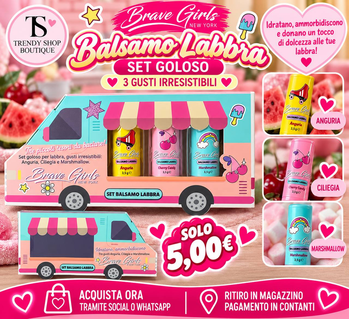 Set Brave Girls con tre balsami labbra da 3,5 g, anguria, ciliegia e marshmallow, in confezione camioncino a 5 euro.