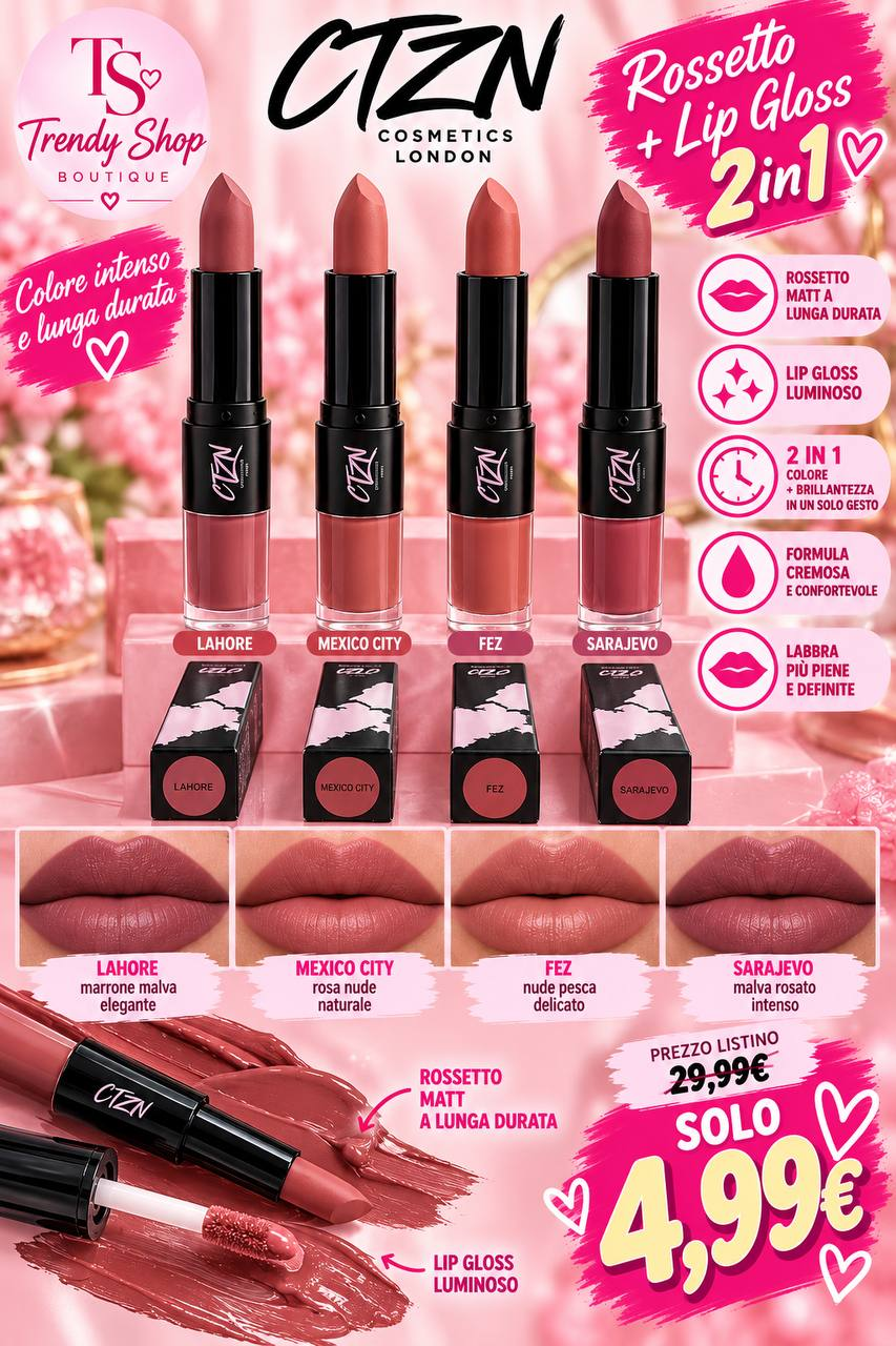 CTZN Cosmetics 2 in 1 rossetto matt e lip gloss nelle colorazioni Lahore, Mexico City, Fez e Sarajevo