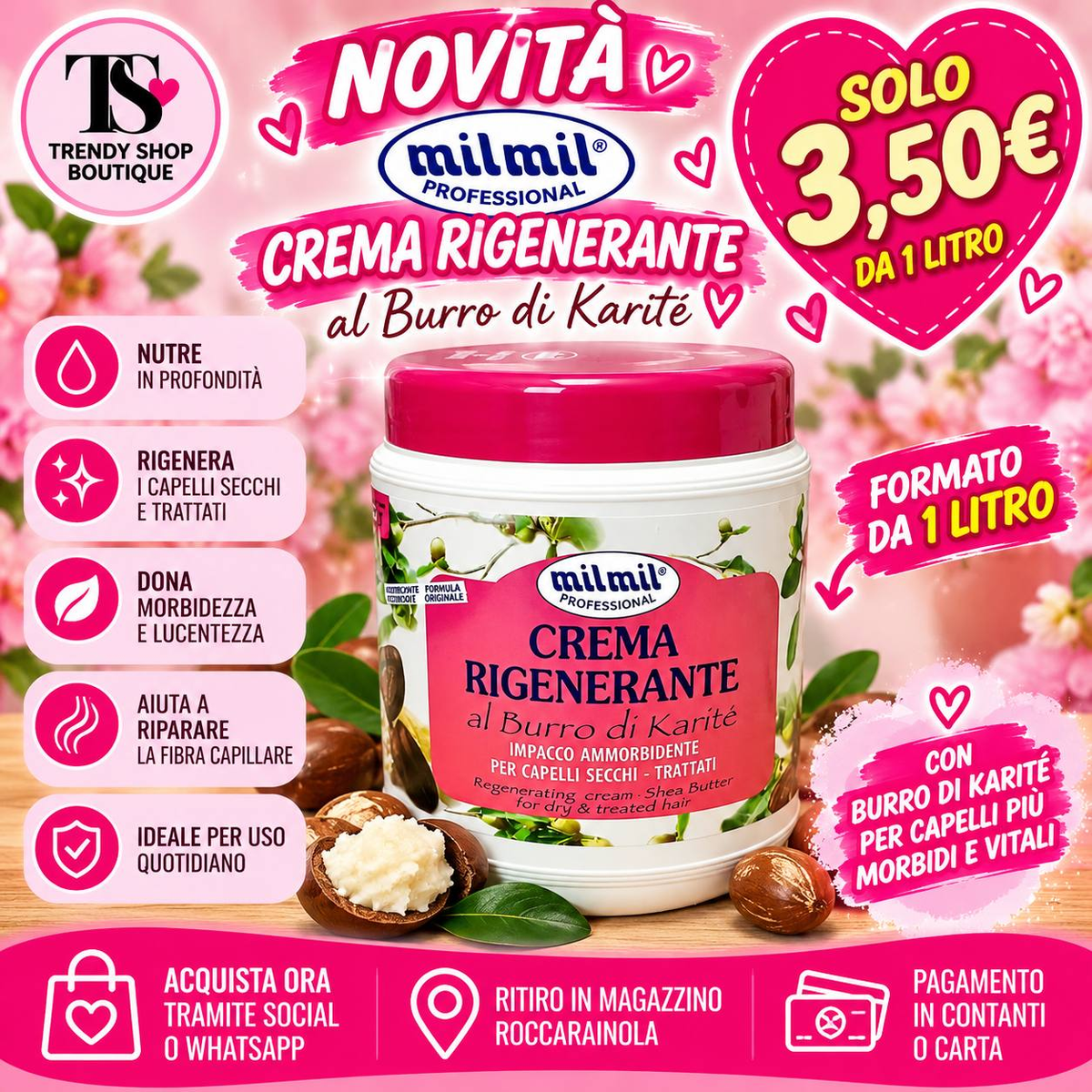 Mil Mil Professional crema rigenerante al burro di karité per capelli secchi e trattati, confezione da 1 litro