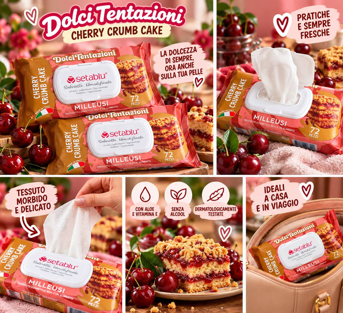 Setablu Dolci Tentazioni Cherry Crumb Cake, confezione da 72 salviette