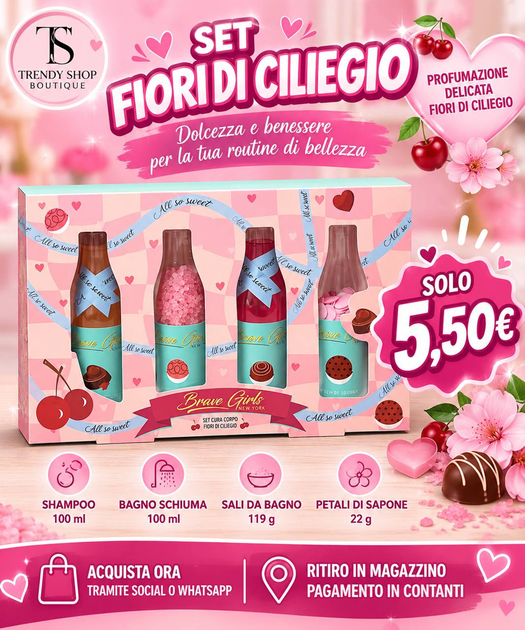 Cofanetto Brave Girls Fior di Ciliegio con shampoo, bagno schiuma, sali da bagno e petali di sapone