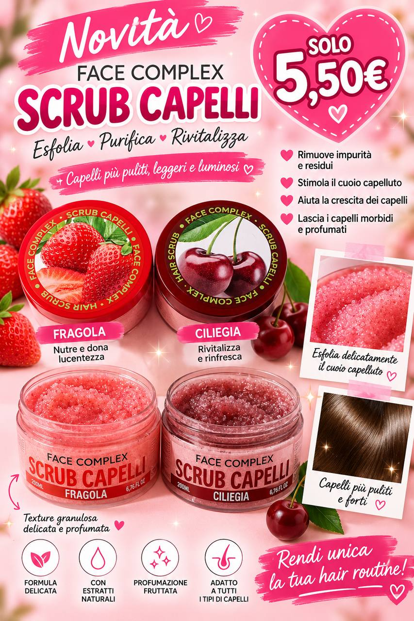 Scrub capelli Face Complex da 200 ml nelle profumazioni fragola e ciliegia, prezzo 5,50 euro a confezione.
