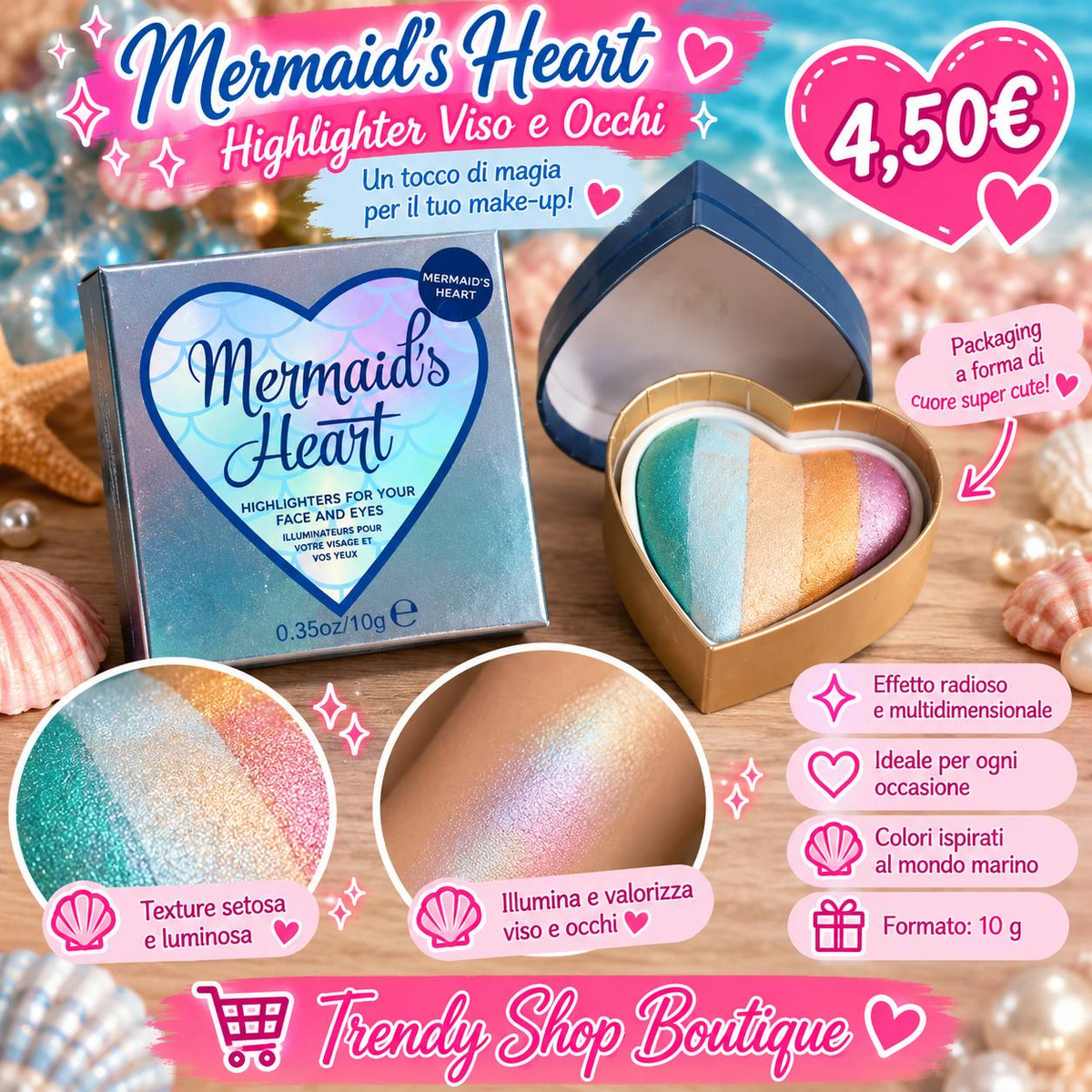 Mermaid’s Heart illuminante multicolore viso e occhi a forma di cuore da 10 g