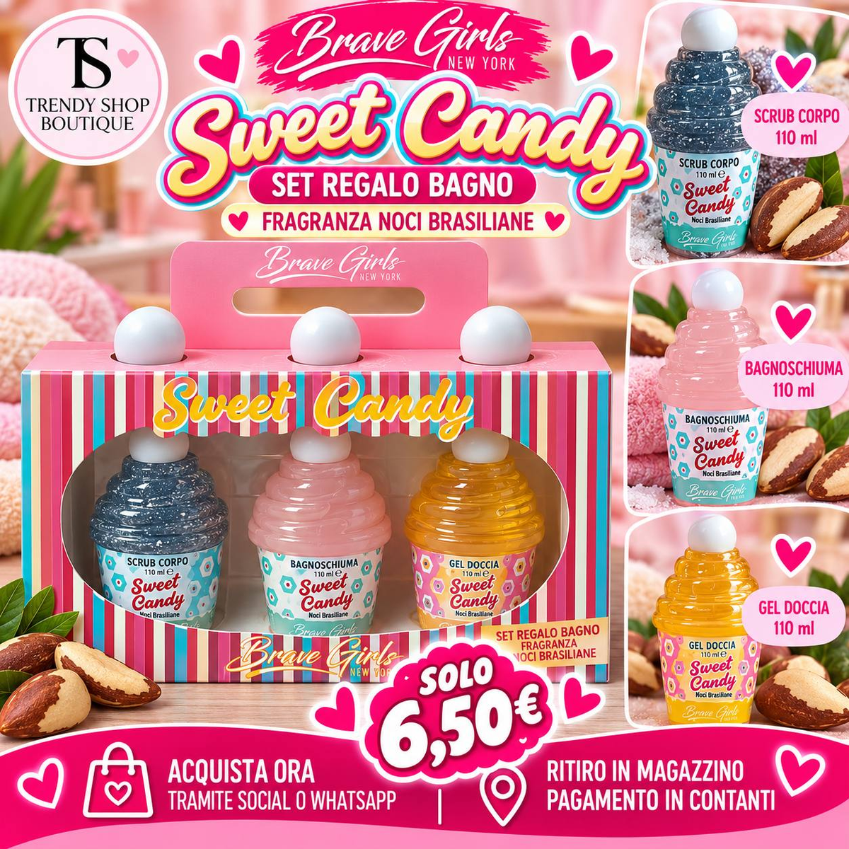 Set bagno Sweet Candy Brave Girls Noci Brasiliane con scrub corpo, bagnoschiuma e gel doccia da 110 ml ciascuno, a 6,50 euro.