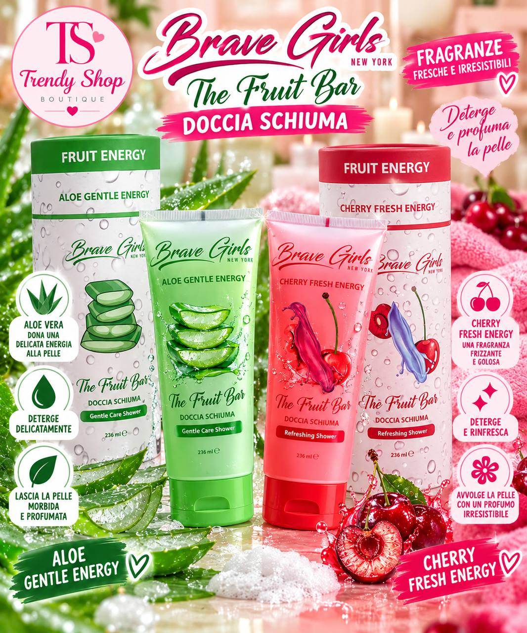 Brave Girls The Fruit Bar docciaschiuma nelle fragranze Aloe Vera e Cherry
