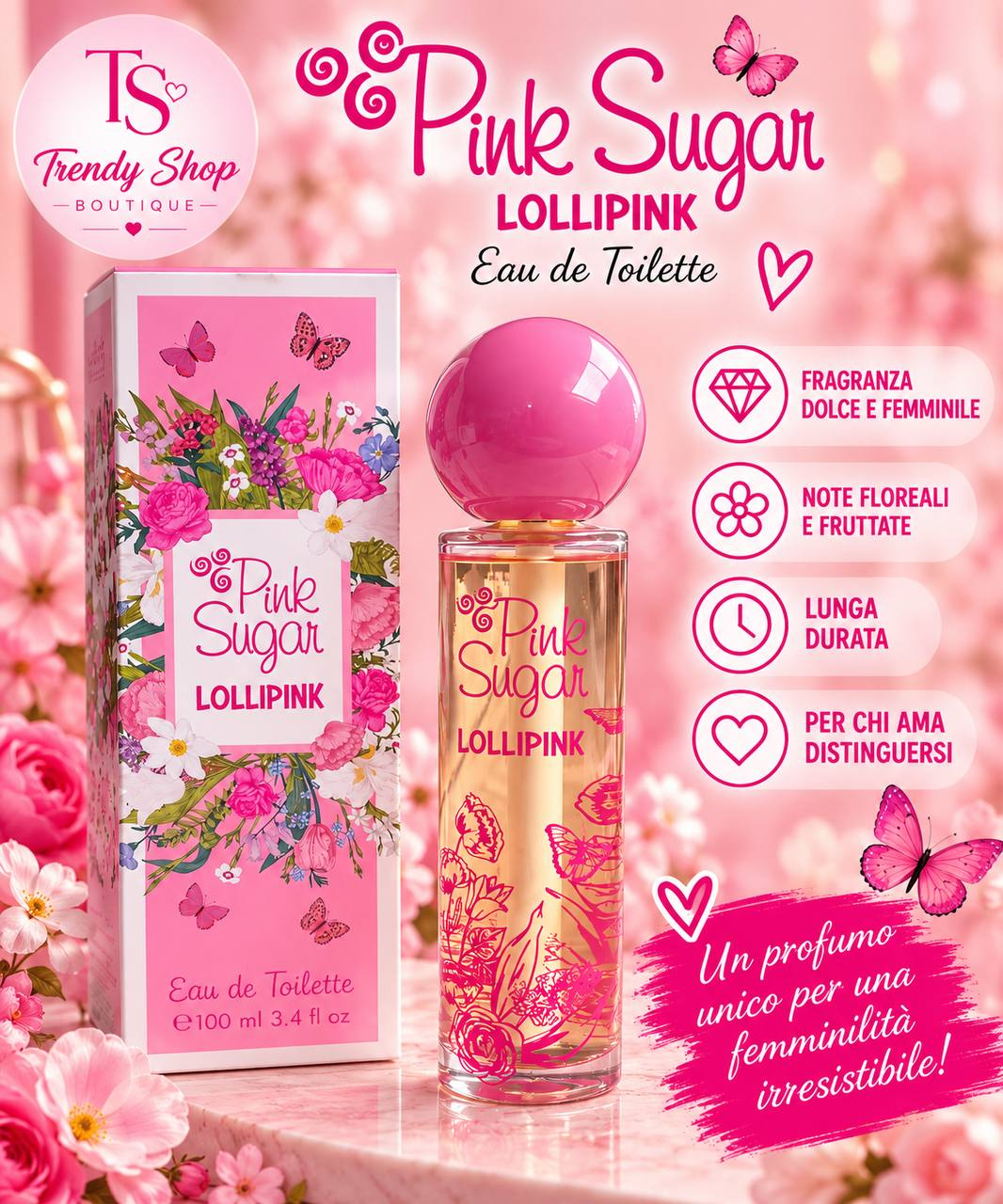 Pink Sugar Lollipink Eau de Toilette 100 ml con confezione floreale rosa e farfalle
