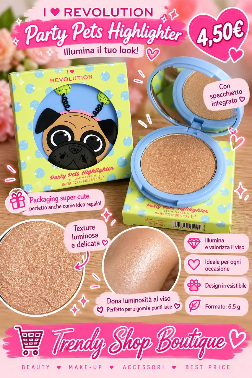 I Heart Revolution Party Pets Highlighter Cagnolino 6,5 g, illuminante champagne dorato con specchietto