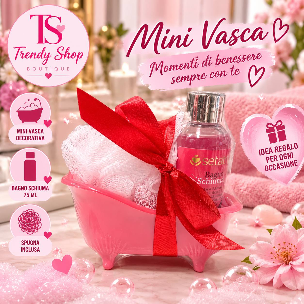 Mini Vasca Beauty con bagnoschiuma da 75 ml e spugna, in mini vasca rosa con fiocco rosso