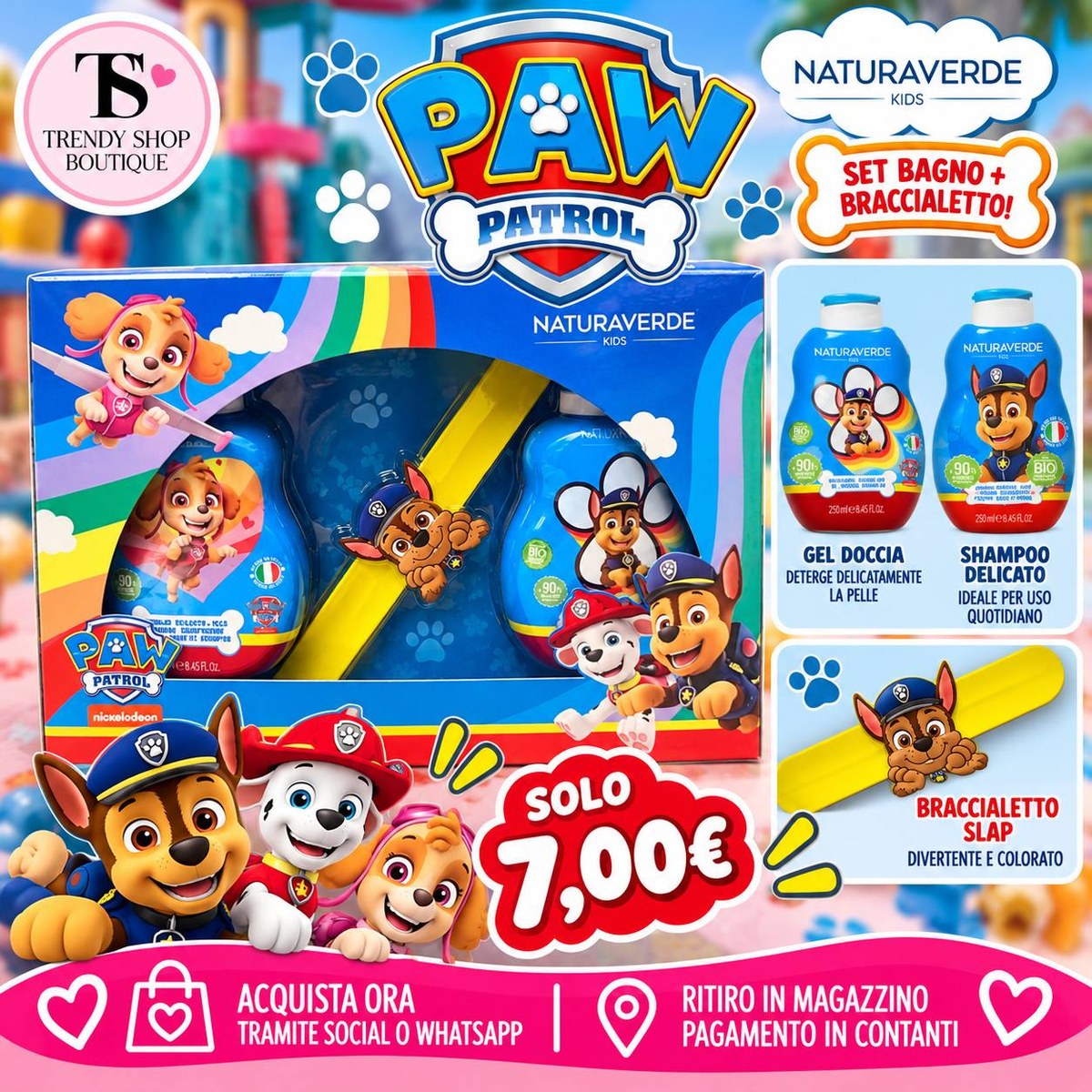 Cofanetto Paw Patrol Naturaverde Kids con gel doccia 250 ml, shampoo 250 ml e braccialetto slap, a 7 euro.