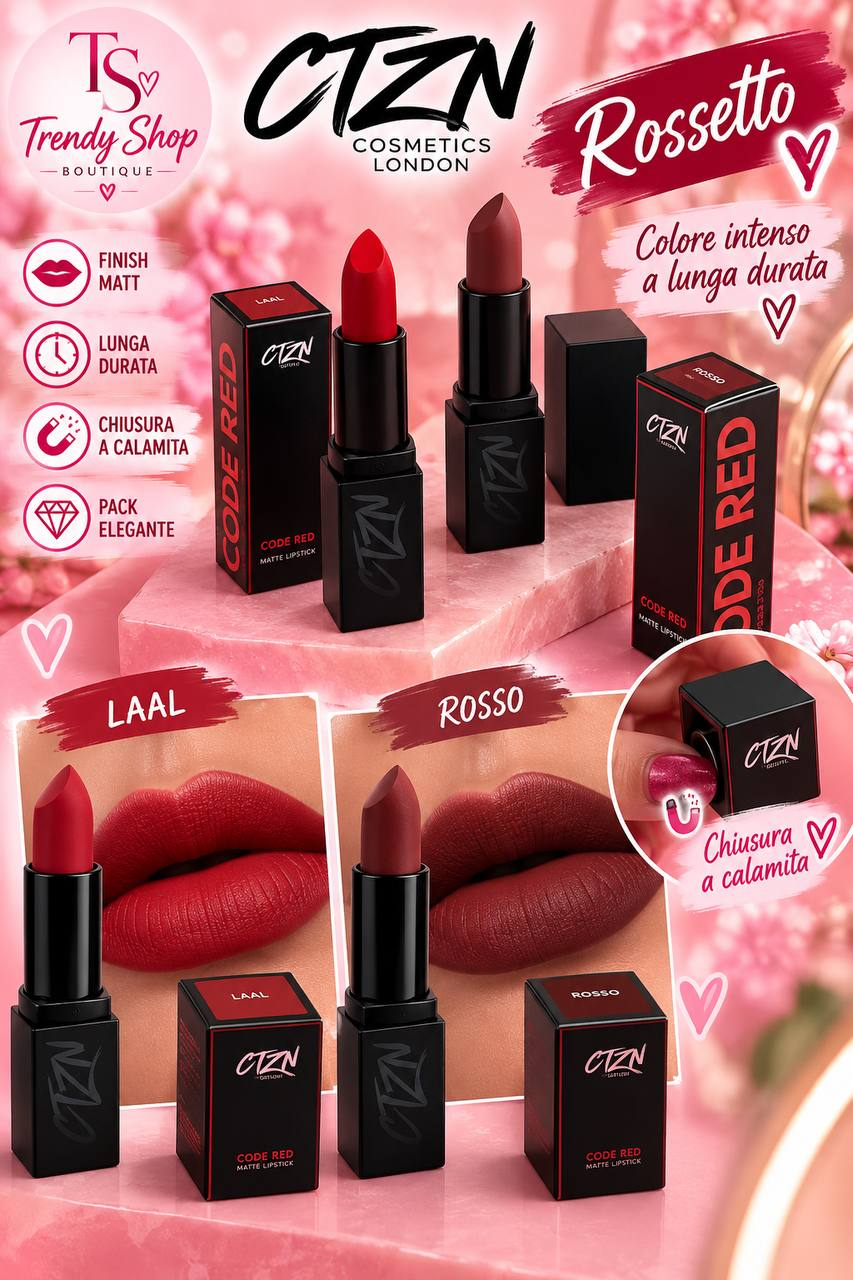 Rossetto matt Code Red CTZN Cosmetics nelle colorazioni Laal e Rosso, con chiusura a calamita