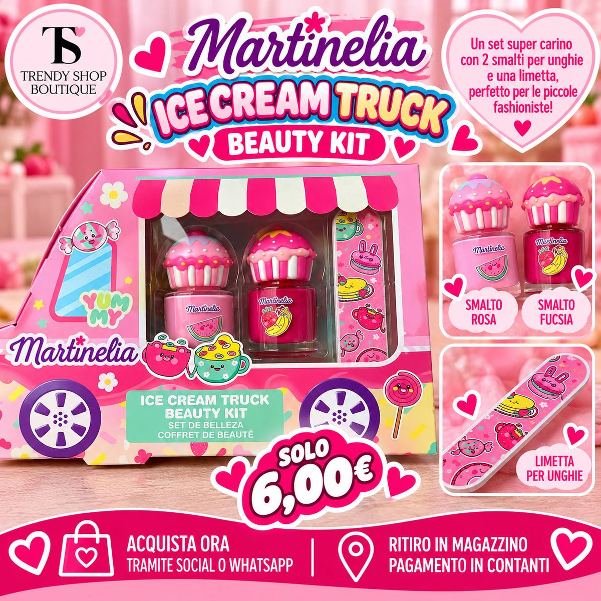 Martinelia Ice Cream Truck Beauty Kit con due smalti rosa e fucsia e limetta decorata, in confezione camioncino dei gelati, a 6 euro.