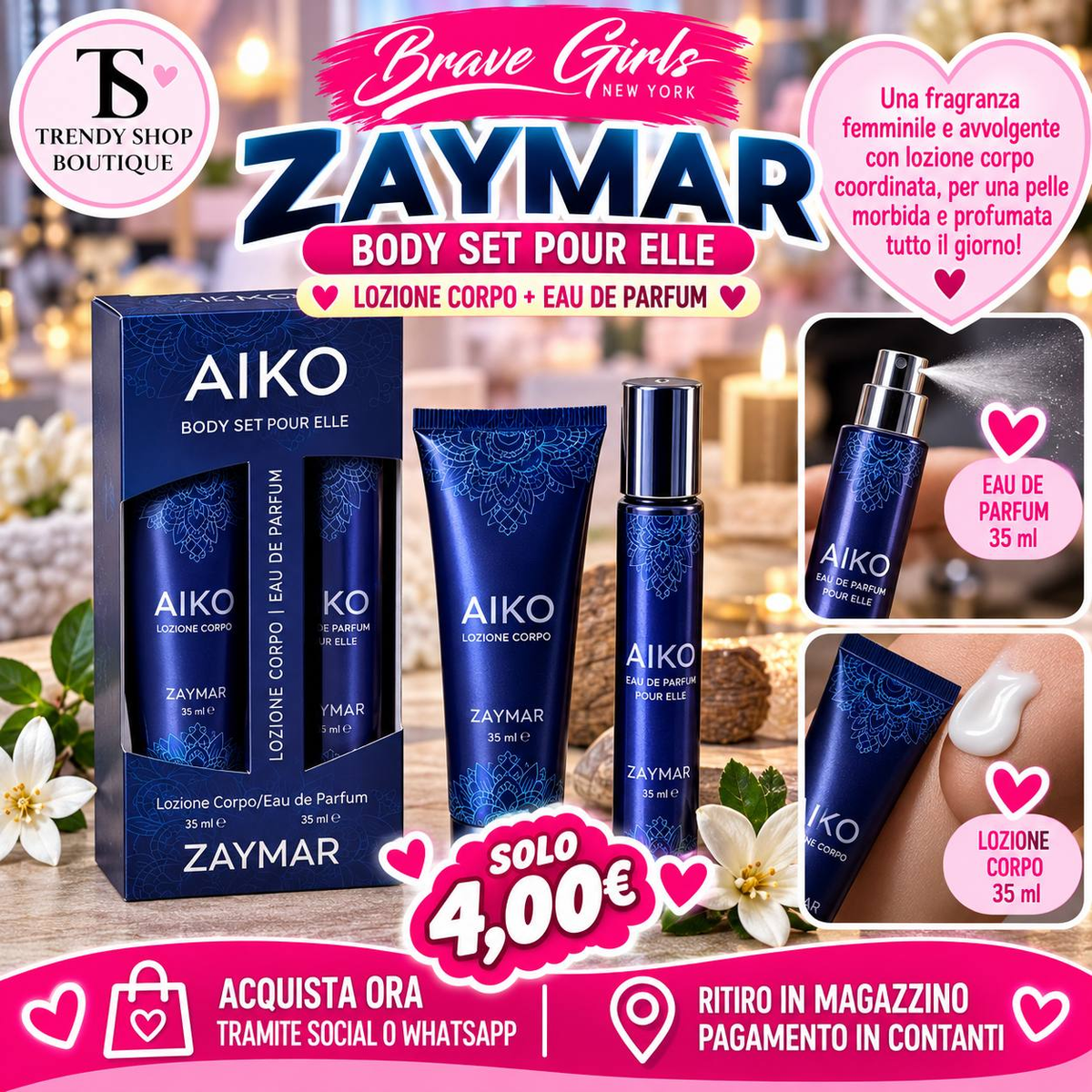 Cofanetto Aiko Zaymar donna con Eau de Parfum 35 ml e lozione corpo 35 ml in confezione blu, a 4 euro.