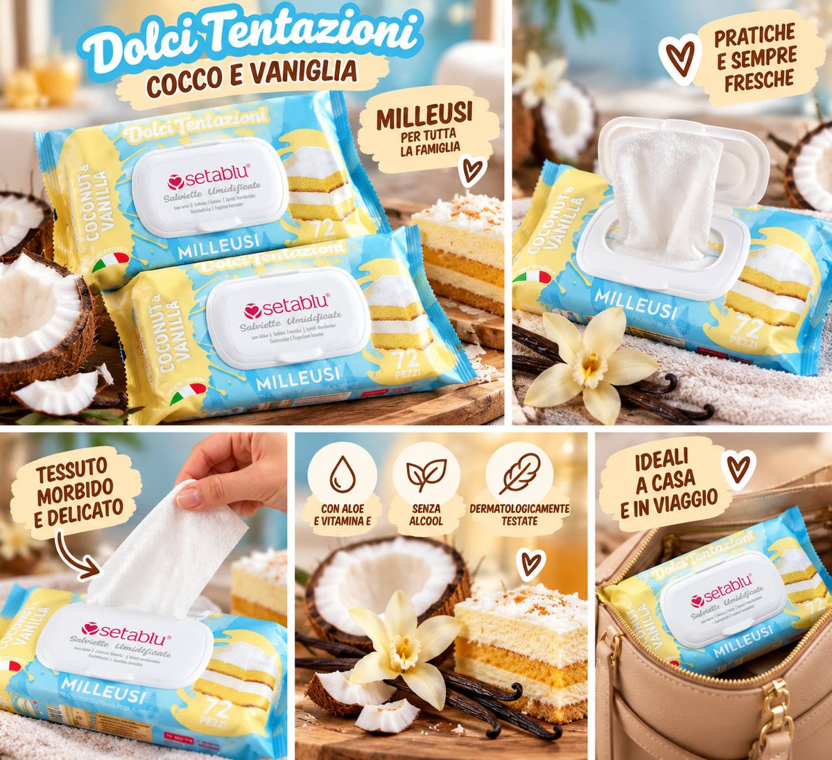 Setablu Dolci Tentazioni Cocco e Vaniglia, confezione da 72 salviette