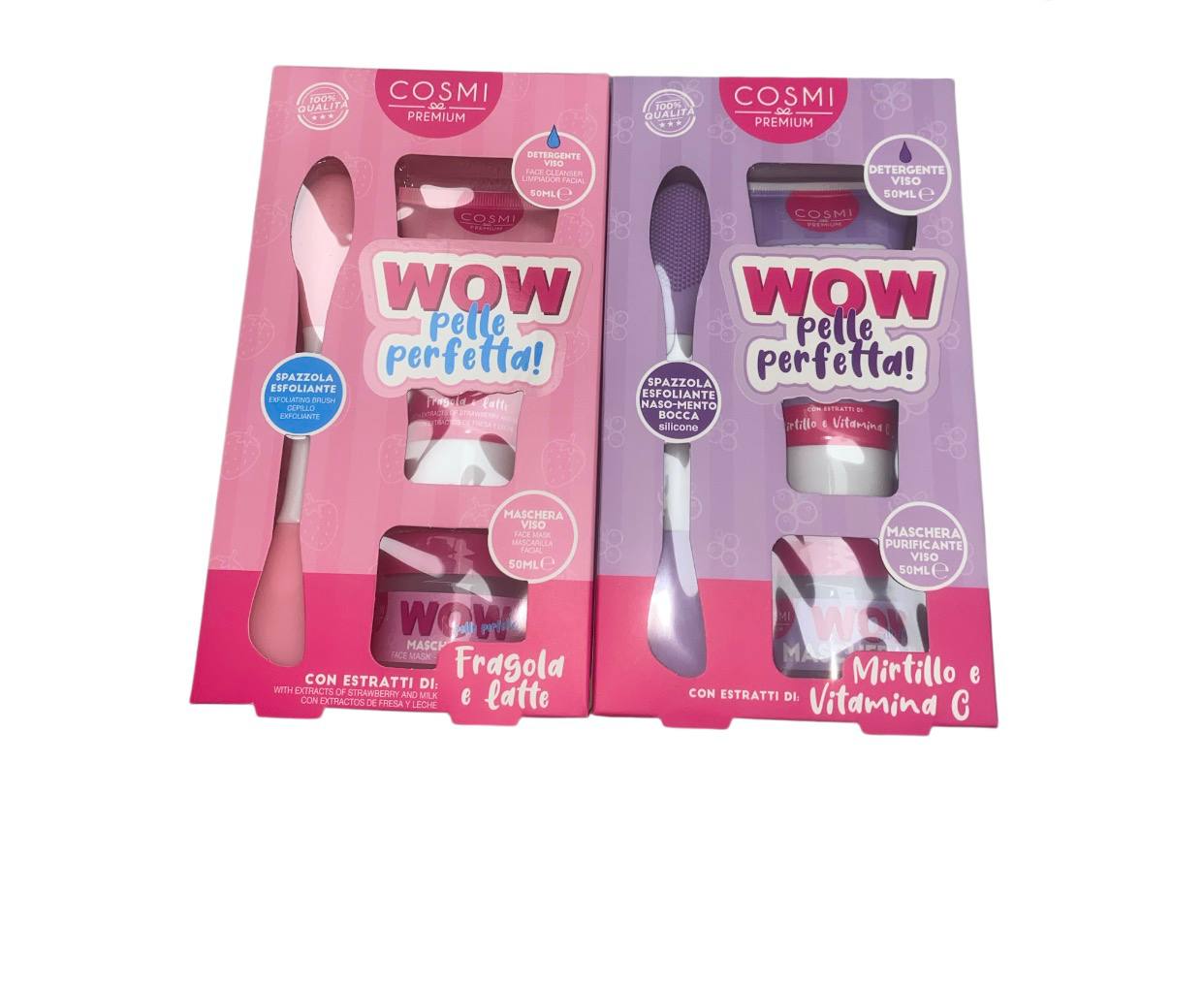 Kit WOW Pelle Perfetta di Cosmi, un set per la cura del viso. Il kit include un detergente viso, una maschera nutriente viso e una spazzola esfoliante in silicone.