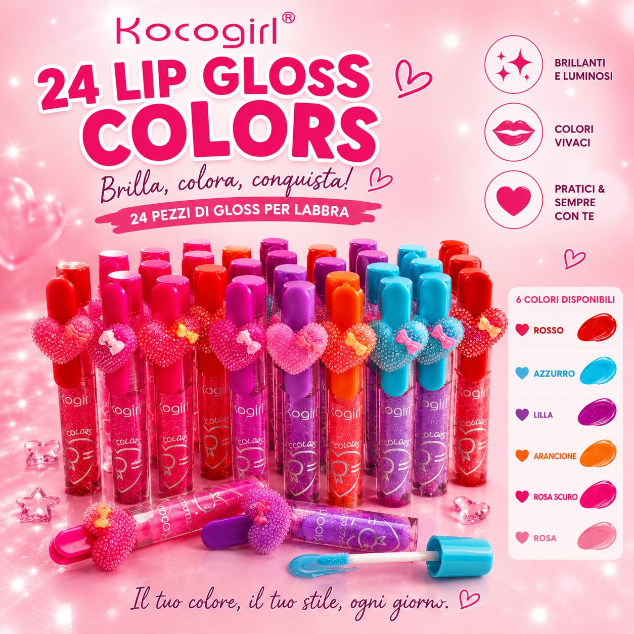 Kocogirl Lip Gloss Colors – Set 24 Gloss Labbra Colorati con Charm Cuore | Rosso, Azzurro, Lilla, Arancione, Rosa Scuro e Rosa