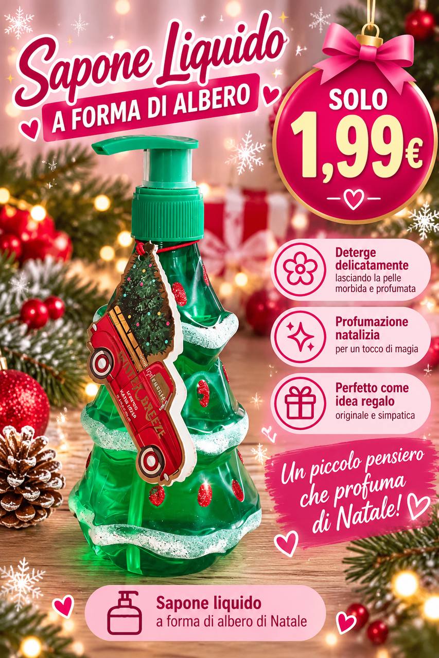 Sapone liquido natalizio in flacone verde a forma di albero di Natale con dispenser a pompa