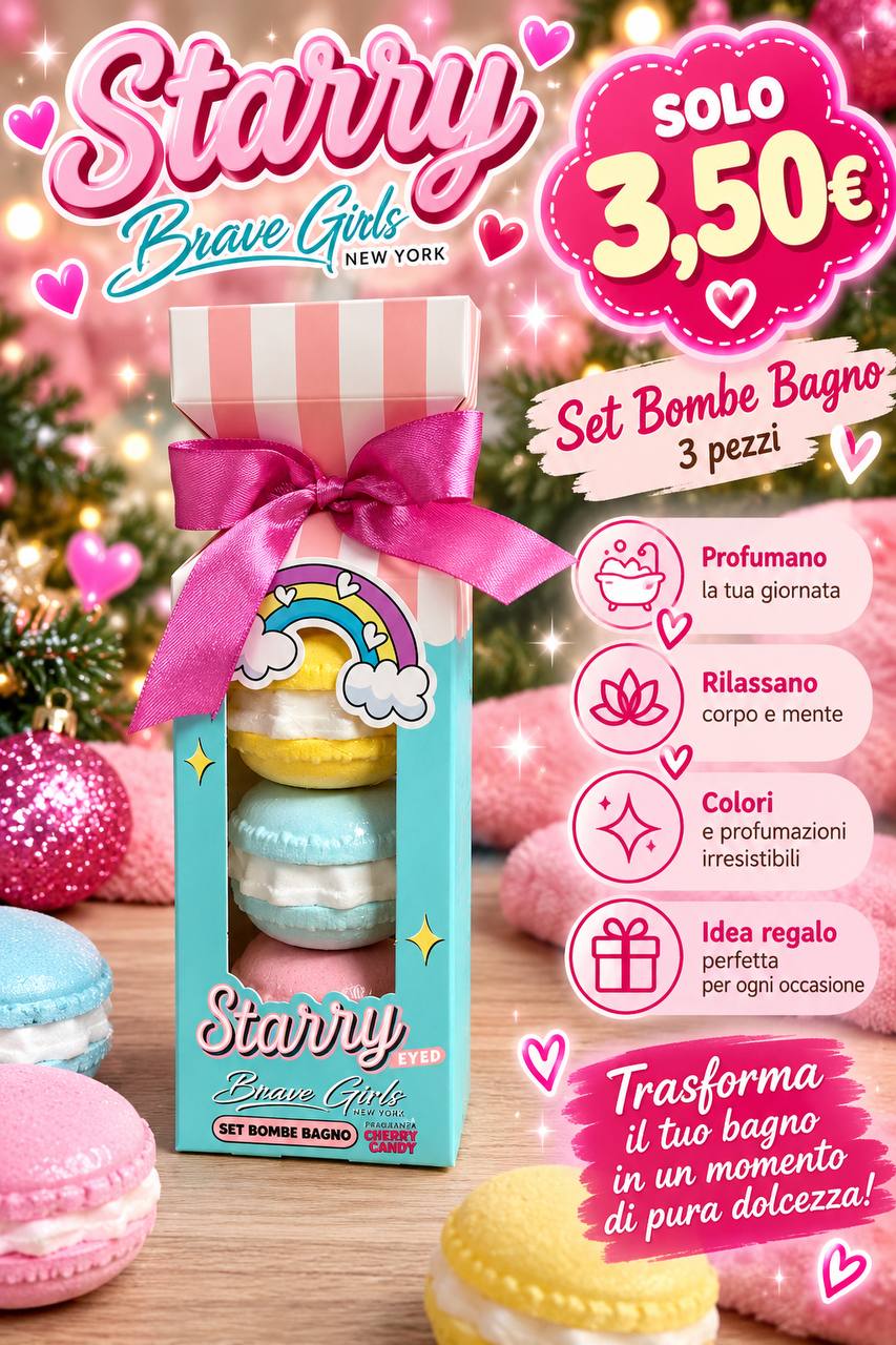 Set Starry Brave Girls con tre bombe da bagno colorate Cherry Candy in confezione con fiocco rosa