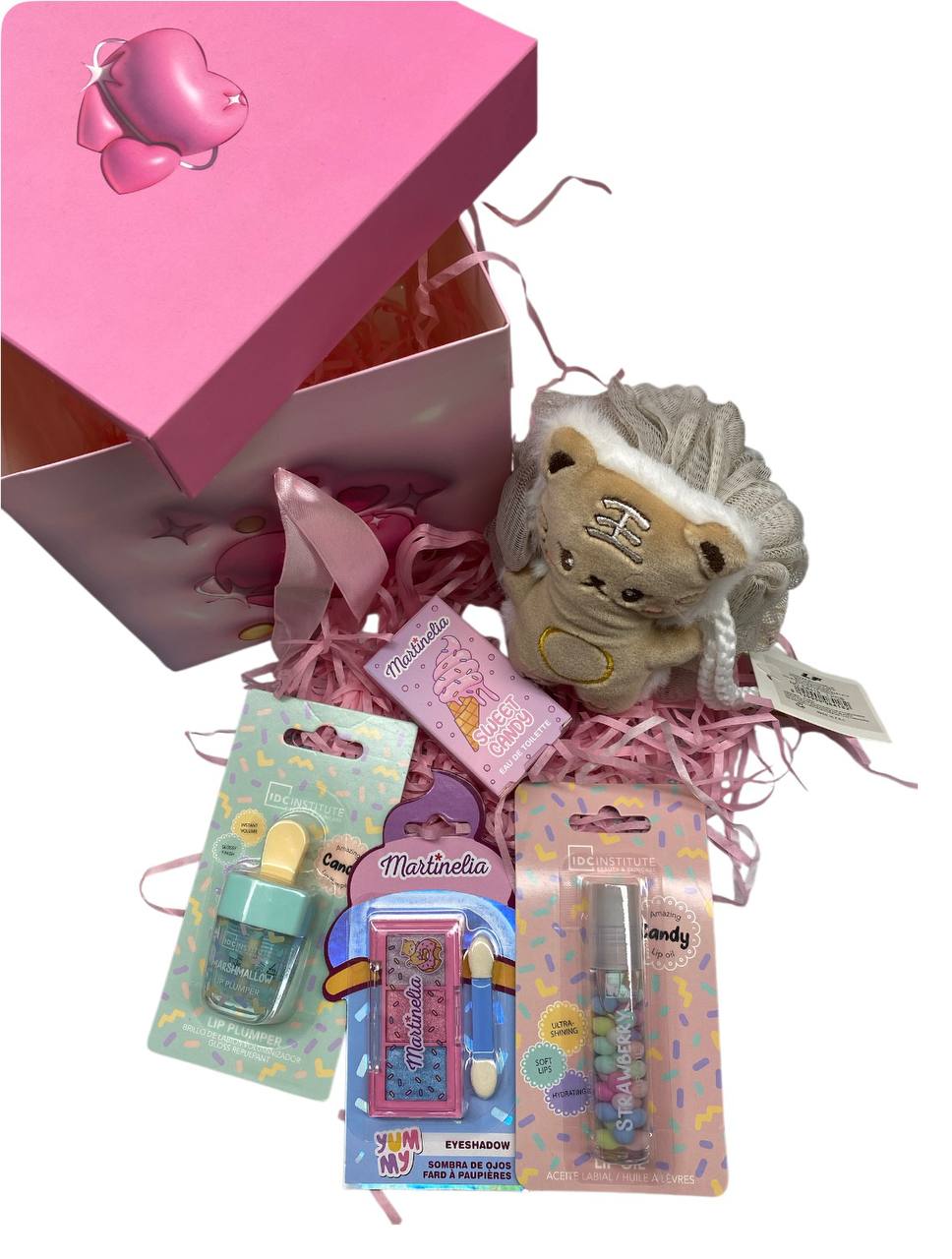 Box Fantasy per baby 5 pezzi tra lip Gloss , Balsamo labbra , profumino , spugnetta con peluche , palette martinelia
