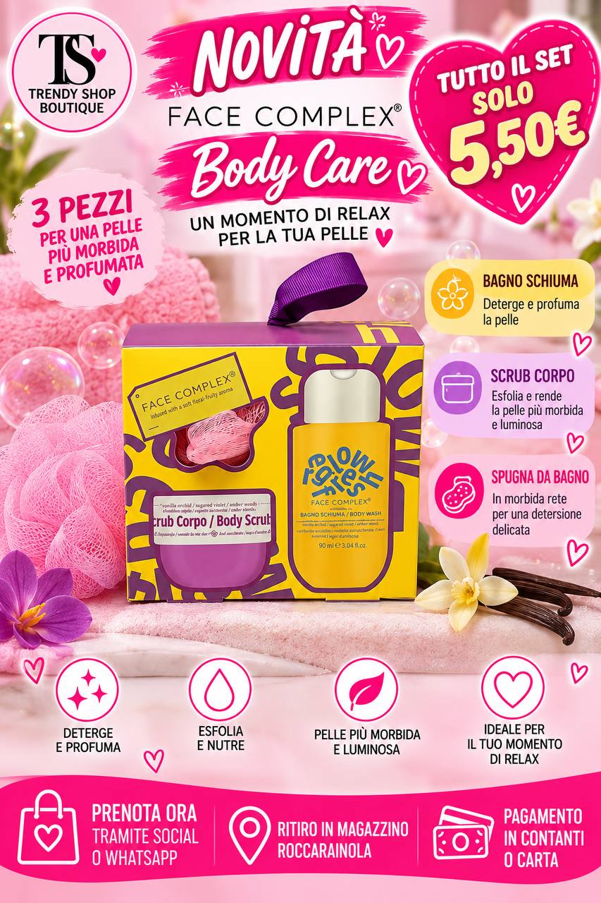 Face Complex Body Care – Cofanetto Regalo 3 Pezzi con Bagnoschiuma, Scrub Corpo e Spugna da Bagno