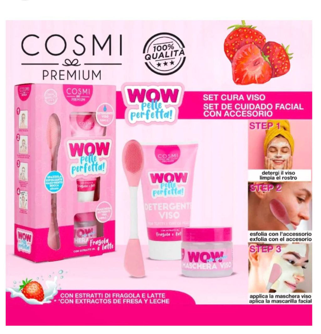 Kit WOW Pelle Perfetta di Cosmi, un set per la cura del viso. Il kit include un detergente viso, una maschera nutriente viso e una spazzola esfoliante in silicone.