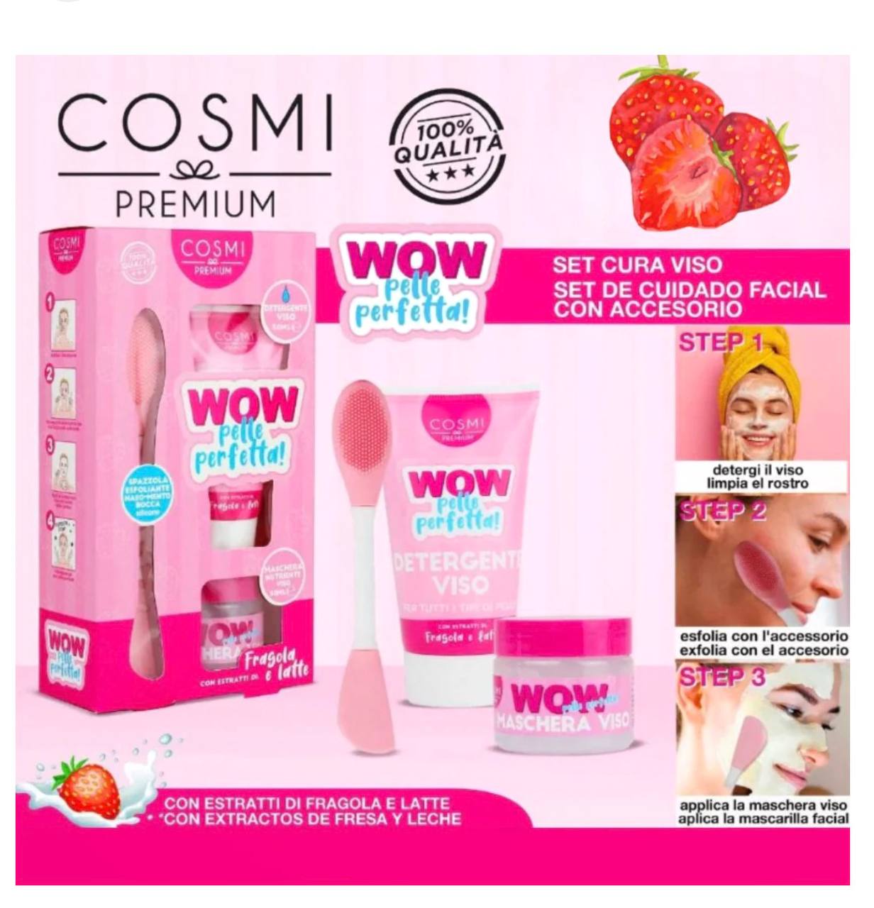 Kit WOW Pelle Perfetta di Cosmi, un set per la cura del viso. Il kit include un detergente viso, una maschera nutriente viso e una spazzola esfoliante in silicone.