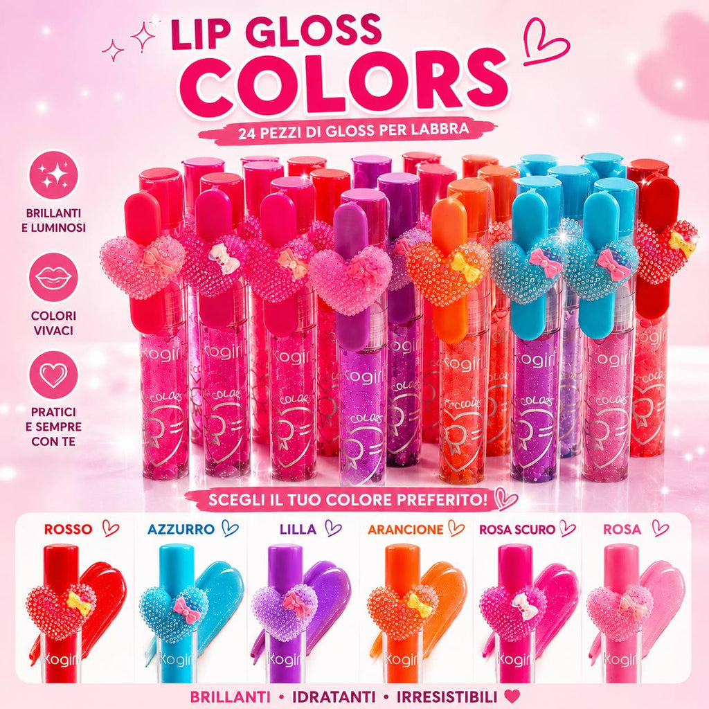 Kocogirl Lip Gloss Colors – Set 24 Gloss Labbra Colorati con Charm Cuore | Rosso, Azzurro, Lilla, Arancione, Rosa Scuro e Rosa