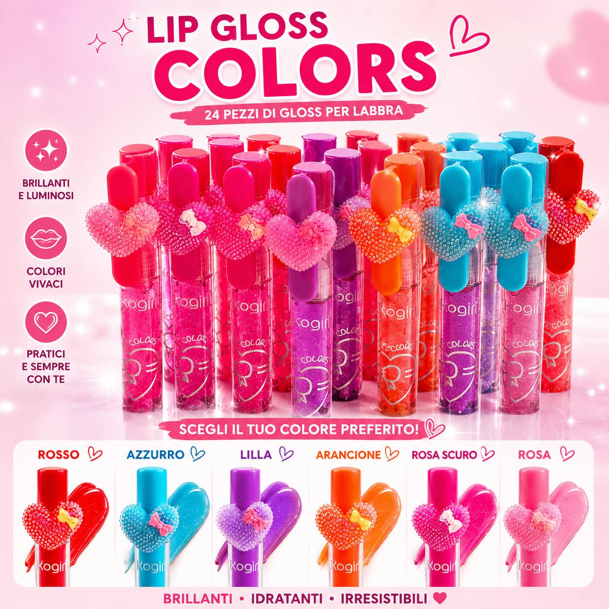 Kocogirl Lip Gloss Colors – Set 24 Gloss Labbra Colorati con Charm Cuore | Rosso, Azzurro, Lilla, Arancione, Rosa Scuro e Rosa