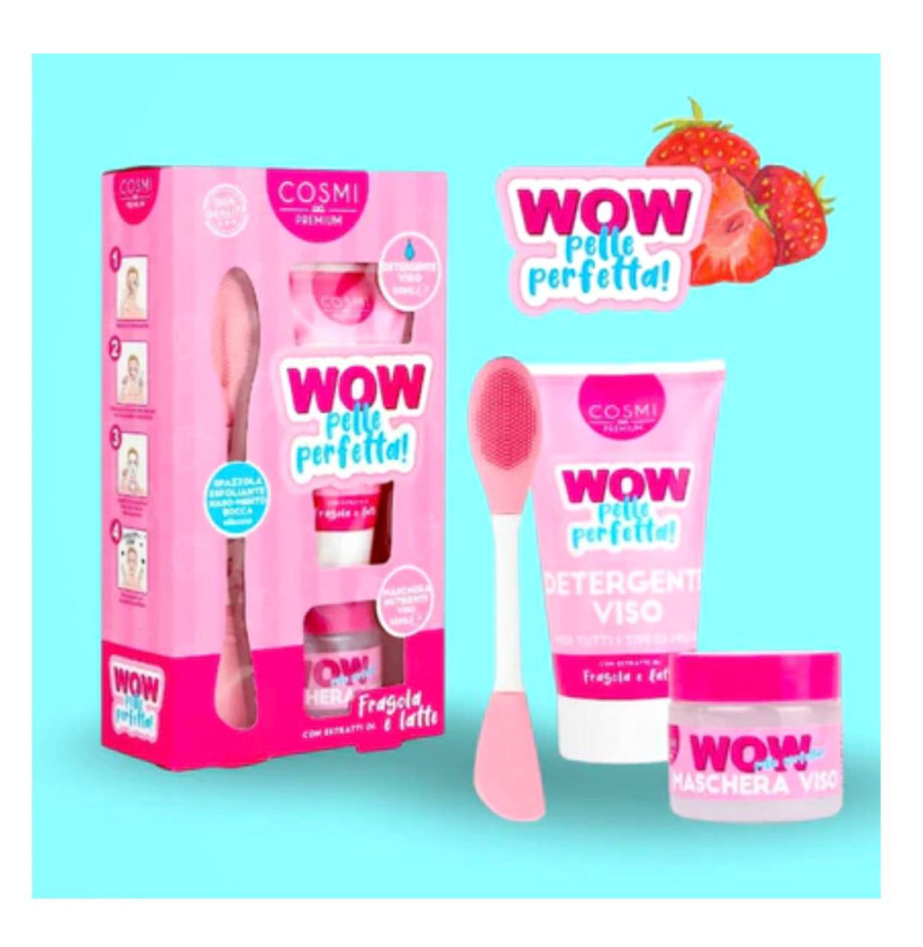 Kit WOW Pelle Perfetta di Cosmi, un set per la cura del viso. Il kit include un detergente viso, una maschera nutriente viso e una spazzola esfoliante in silicone.