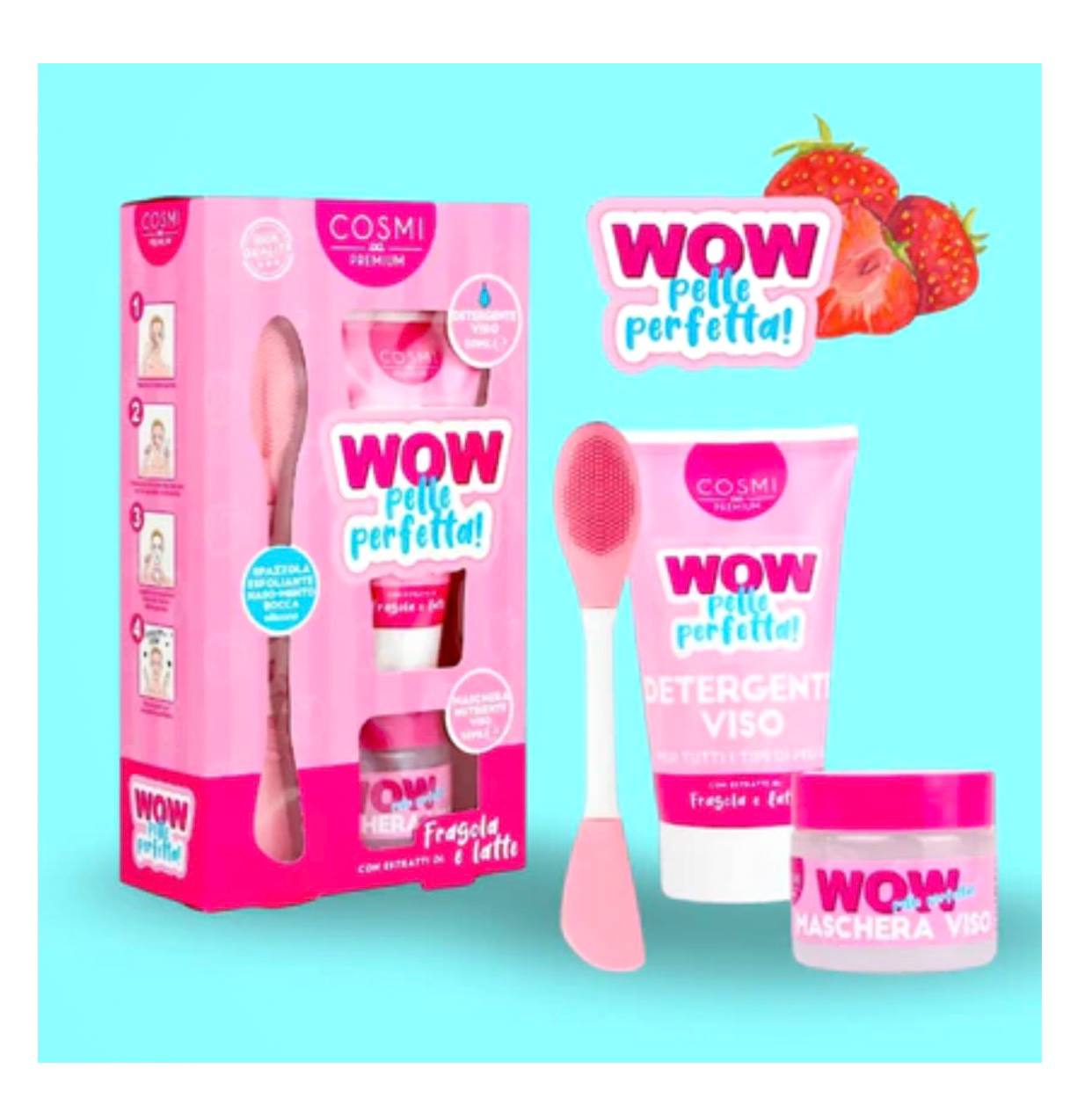Kit WOW Pelle Perfetta di Cosmi, un set per la cura del viso. Il kit include un detergente viso, una maschera nutriente viso e una spazzola esfoliante in silicone.