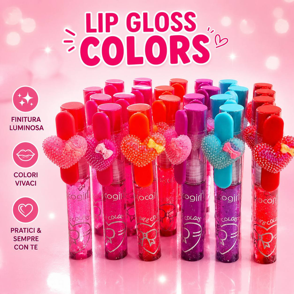Kocogirl Lip Gloss Colors – Set 24 Gloss Labbra Colorati con Charm Cuore | Rosso, Azzurro, Lilla, Arancione, Rosa Scuro e Rosa
