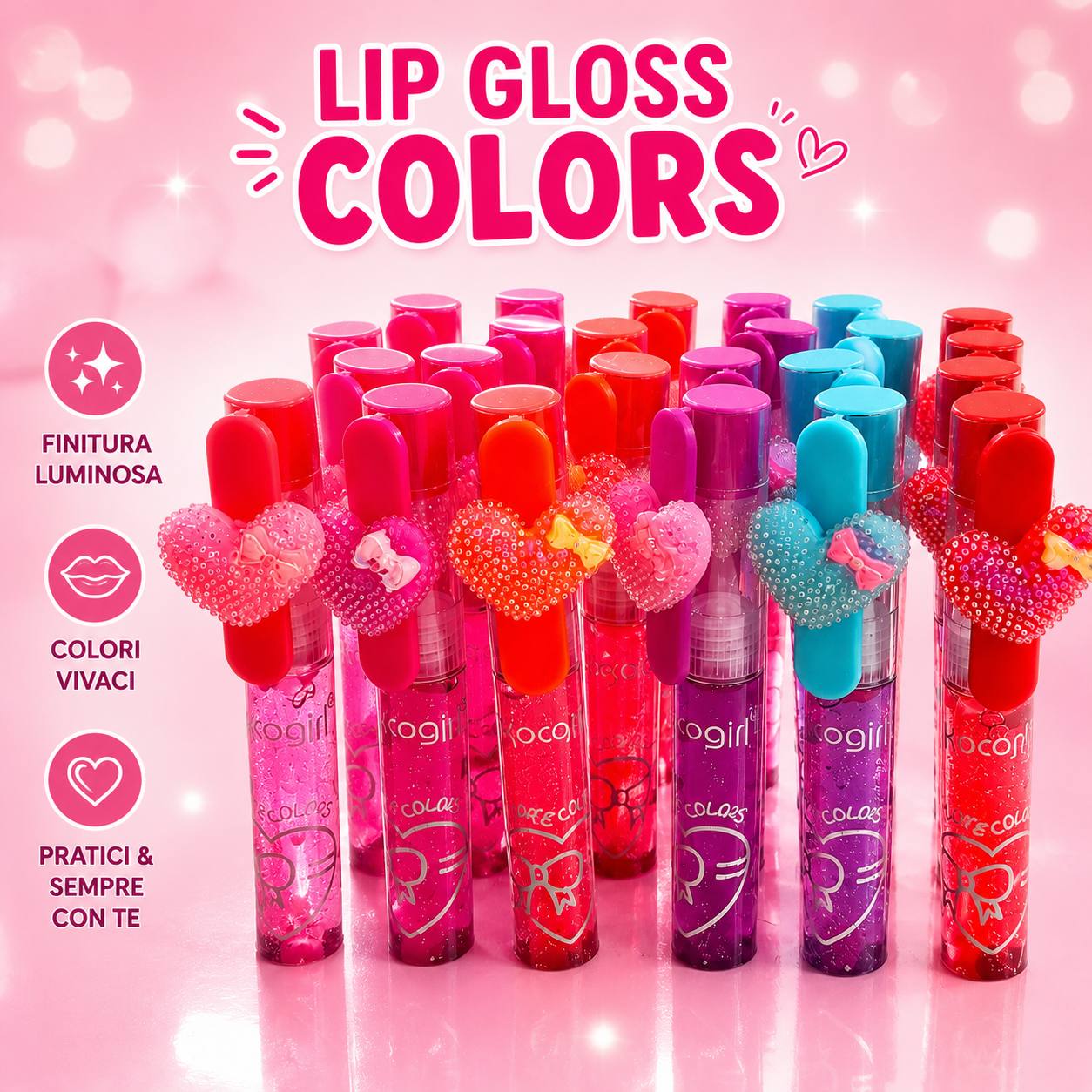 Kocogirl Lip Gloss Colors – Set 24 Gloss Labbra Colorati con Charm Cuore | Rosso, Azzurro, Lilla, Arancione, Rosa Scuro e Rosa