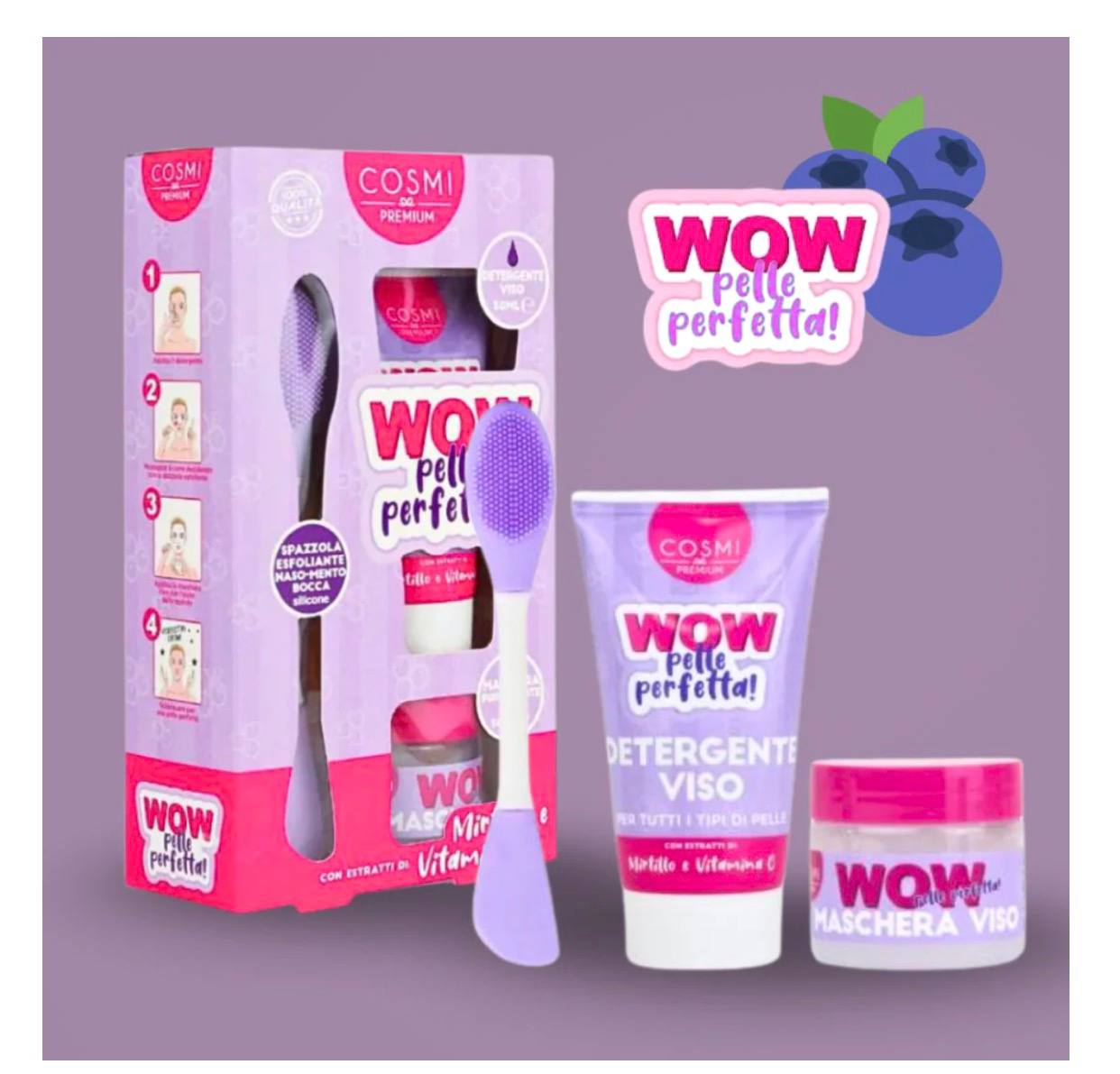 Kit WOW Pelle Perfetta di Cosmi, un set per la cura del viso. Il kit include un detergente viso, una maschera nutriente viso e una spazzola esfoliante in silicone.